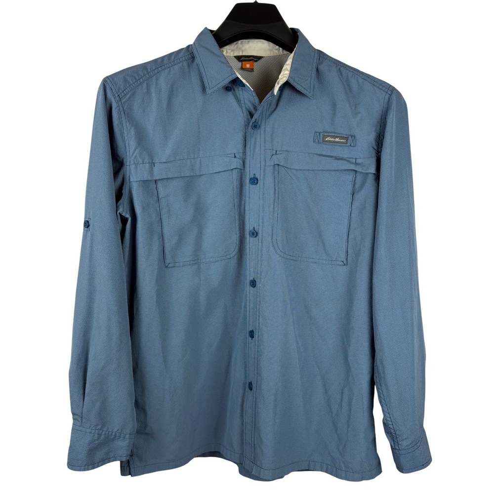 Eddie Bauer Sport Shop Large Blue Check Fishing Hiking Shirt Long Sleeve Vent